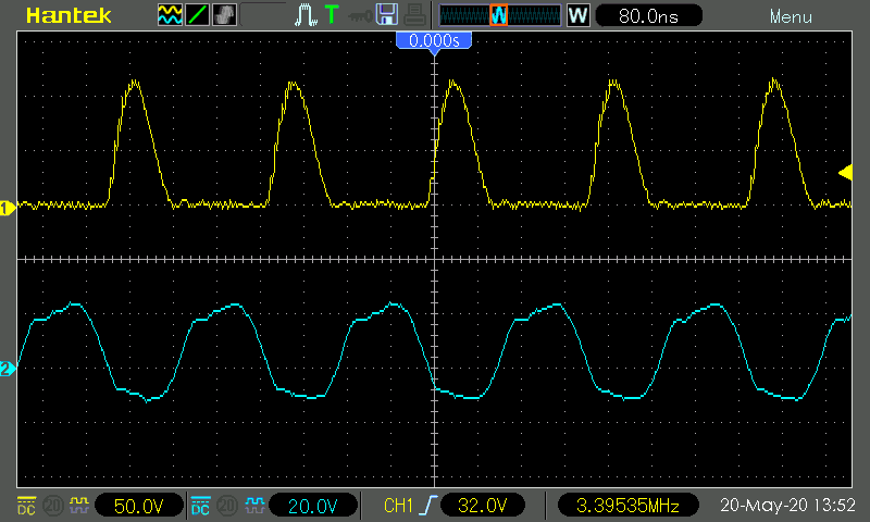 Waveforms (yellow: drain, blue: gate), input voltage 27 V