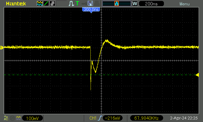 TI NE555, combination of capacitors, 200 ns/div, 100 mV/div