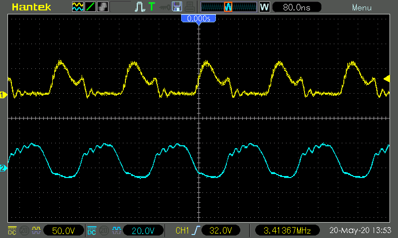 Waveforms (yellow: drain, blue: gate), input voltage 19 V