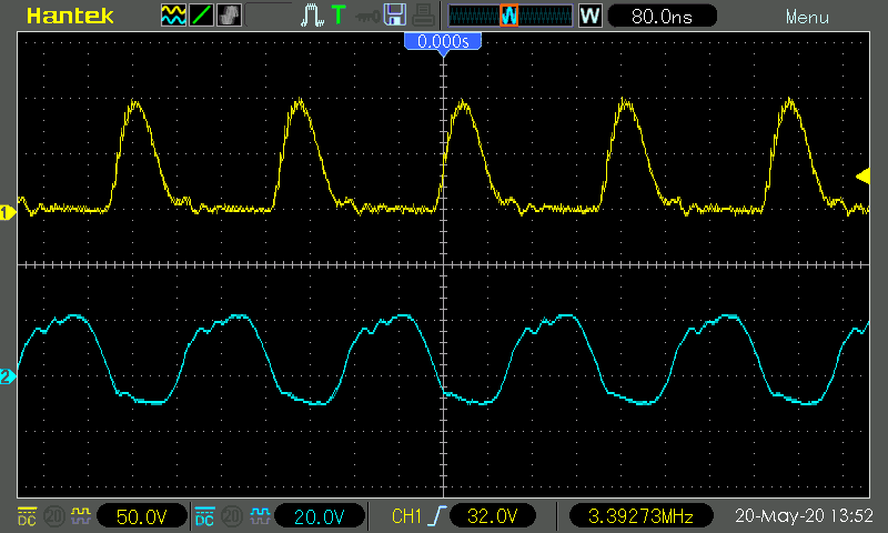 Waveforms (yellow: drain, blue: gate), input voltage 24 V