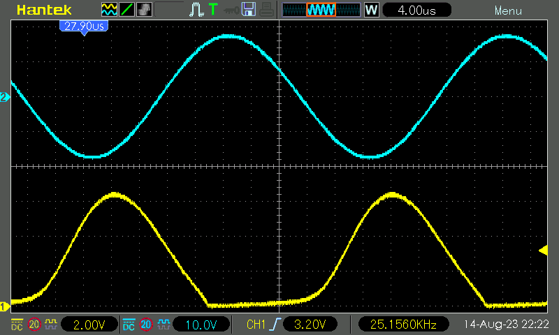 Waveforms (Y: collector-emitter, B: piezo output)