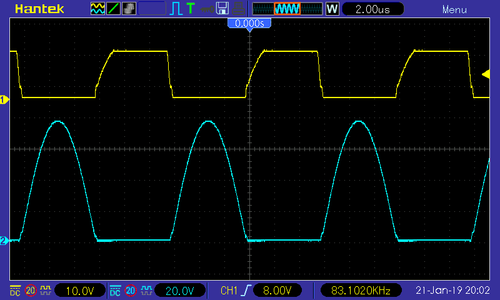 Průběh napětí na jednom MOSFETu (nahoře G-S, dole D-S)